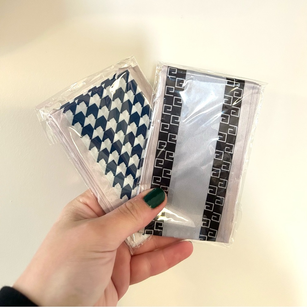 NEW Set of 2 Blue White Black Gray Houndstooth Geometric Neck Bag Satin Scarves